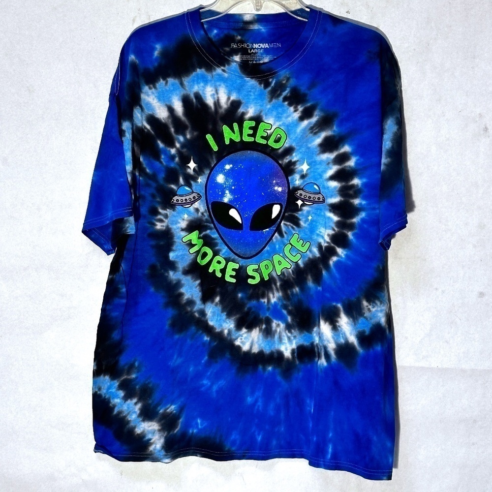 Fashion Nova Space Alien UFO Blue Black Tie Dye Short Sleeve T Shirt Tee Top